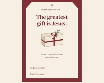 Peut inclure: Un modèle d'étiquette cadeau de Noël rectangulaire avec une bordure rouge foncé sur fond crème. Il présente le texte A CHRISTMAS GIFT FOR YOU, The greatest gift is Jesus., A little Christmas kindness, given with love., To: Someone dear, et From: Your name, avec une illustration centrale d'un paquet cadeau noué d'un ruban rouge et d'un petit brin vert.