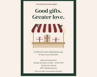 Peut inclure: Un modèle de flyer numérique intitulé The Christmas Giving Market avec le texte Good gifts. Greater love. Il présente un graphique d'un stand de marché avec un auvent rayé et des cadeaux, ainsi que les détails de l'événement Hope Community Church.