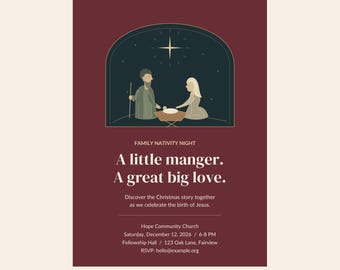 Peut inclure: Un modèle de flyer numérique bordeaux intitulé Bethlehem by Starlight avec une illustration de nativité, une étoile, une crèche et deux personnages. Le texte inclut Family Nativity Night, A little manger. A great big love. et les détails de l'événement pour Hope Community Church le 12 décembre 2026.