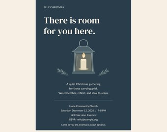 Peut inclure: Un modèle de flyer bleu foncé intitulé Light for the Longest Night, avec une illustration de lanterne et une bougie. Le texte inclut There is room for you here, les détails de l'événement Hope Community Church et des contacts.