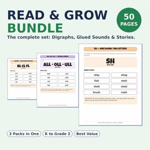 Puede incluir: Un paquete educativo de 50 páginas Read & Grow Bundle con hojas de trabajo sobre dígrafos, sonidos ligados e historias. El set incluye tres paquetes para K a Grade 2, con páginas que muestran combinaciones como BL, CL, FL, SH.