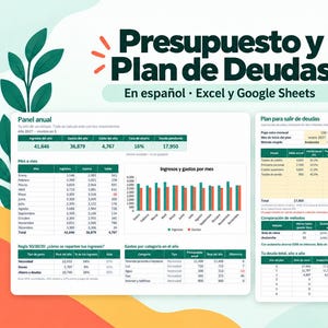 Puede incluir: Una plantilla digital de presupuesto y plan de deudas para Excel y Google Sheets titulada Presupuesto y Plan de Deudas. El diseño incluye un panel anual, tablas de ingresos y gastos mensuales, un plan de pago de deudas y gráficos.