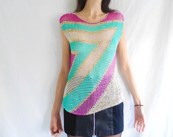 80s/90s statement glam multicolour and metallic stripe beaded knit cap sleeve top