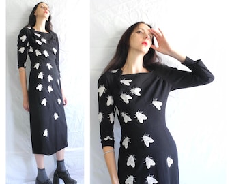 90&#39;s does 40s goth black long sleeve maxi dress with white moth embroidered contrasts.