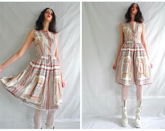 50's rockabilly cotton white /red/blue/beige graphic floral print knee length sleeveless dress