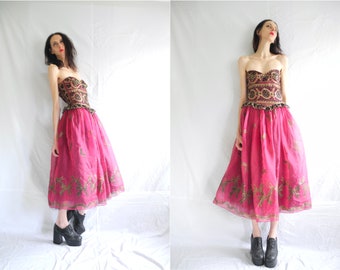 80's ballgown pink / gold lace bustier strapless dress with layered bow print princess dress