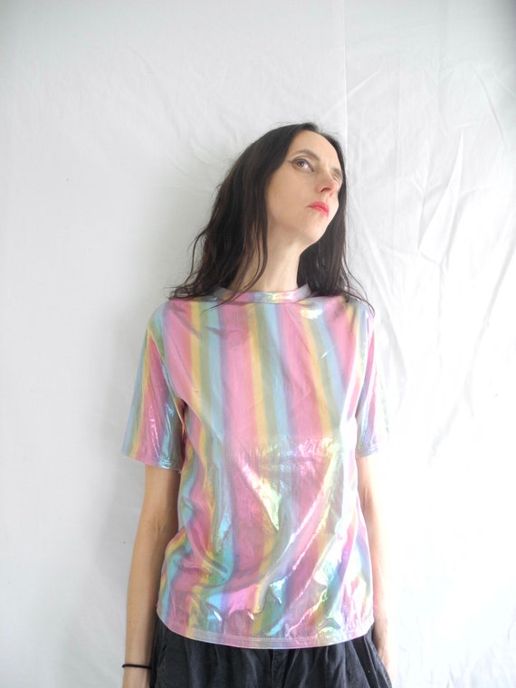 90's/Y2K rave LGBTQ metallic pastel rainbow stripe stretch jersey short sleeve top