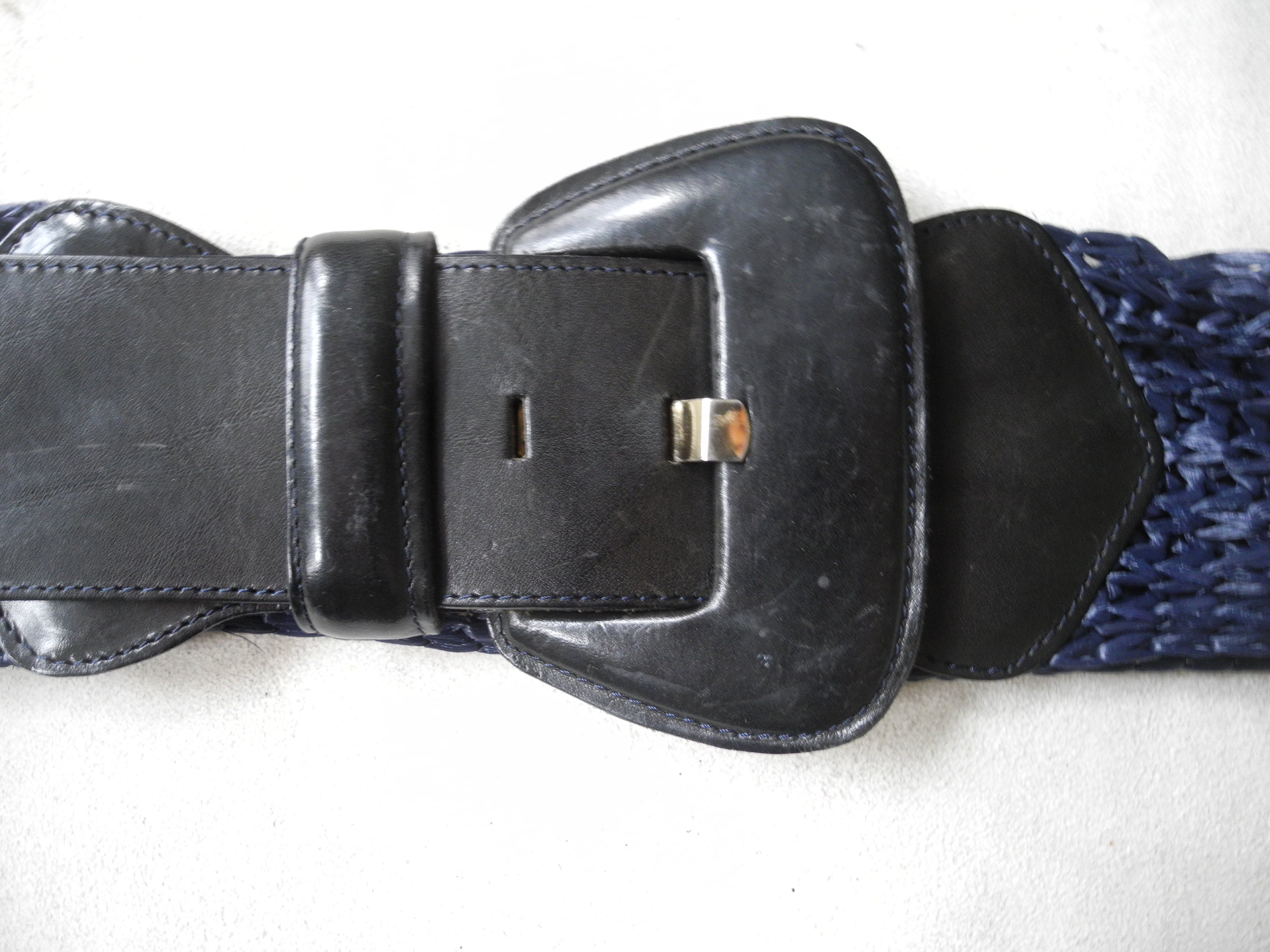 90s/80s Ethnic Navy Woven Raffia and Leather Wide Belt 