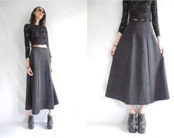 70's goth/glam black/silver metallic lines flared maxi skirt