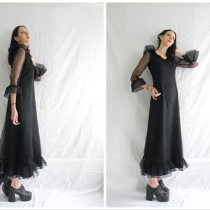 60&#39;s /70&#39;s goth/witchy black crinkle chiffon frill evening maxi dress.