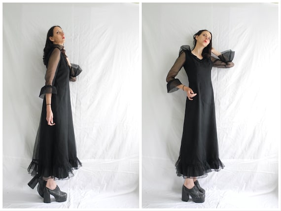 60's /70'S Goth/Witchy Black Crinkle Chiffon Frill Evening Maxi Dress.