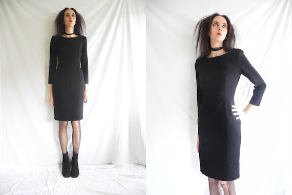 Jil Sander, Jil Sander 90's classic fitted minimalist black stretch wool long sleeve dress.