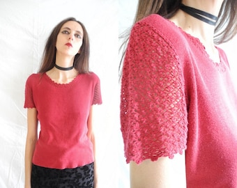 90's Laura Ashley grunge dark red crochet sleeve knit top.