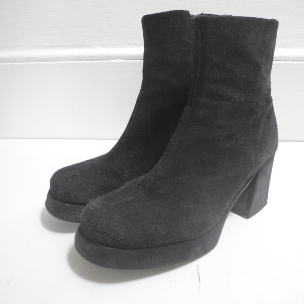 90s goth grunge black platform suede chunky heel ankle boots size UK8 /EU41 /US10