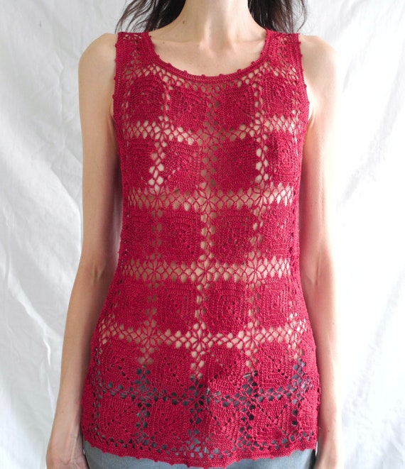 90's grunge/hippie dark red sparkly crochet sleev… - image 3