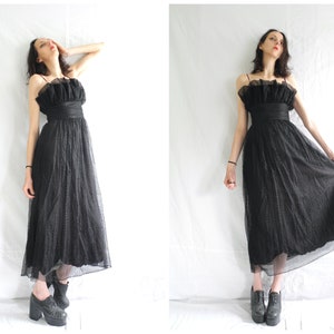 60&#39;s statement goth black polka dot tulle/net bandeau maxi dress with puff frill top