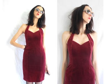 90&#39;s goth body con dark red/burgundy velvet halter neck mini dress