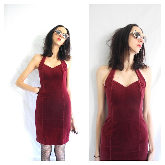 90's goth body con dark red/burgundy velvet halter neck mini dress 90's goth body con dark red/burgundy velvet halter neck mini dress