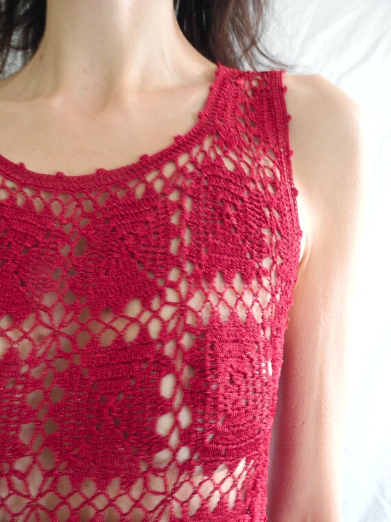90's grunge/hippie dark red sparkly crochet sleev… - image 5