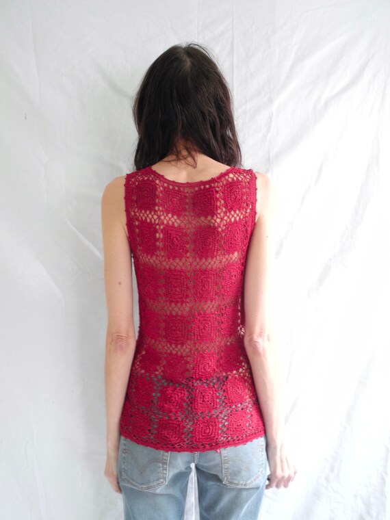 90's grunge/hippie dark red sparkly crochet sleev… - image 6