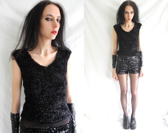 90s black goth/cyber/rave glitter fuzzy sleeveless top/tank.