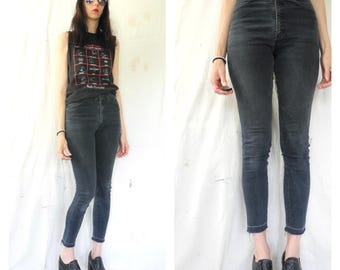 80&#39;s rocker/grunge high waisted 5 pocket stretch black denim skinny jeans.