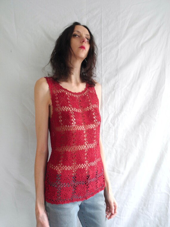90's grunge/hippie dark red sparkly crochet sleev… - image 4