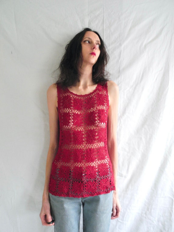 90's grunge/hippie dark red sparkly crochet sleev… - image 1