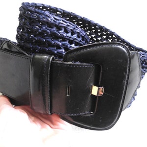 90s/80s ethnic navy woven raffia and leather wide belt