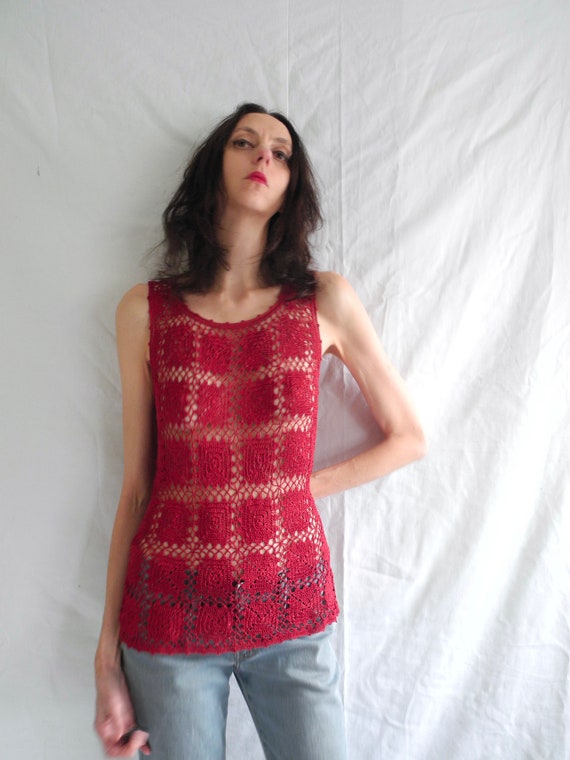 90's grunge/hippie dark red sparkly crochet sleev… - image 2