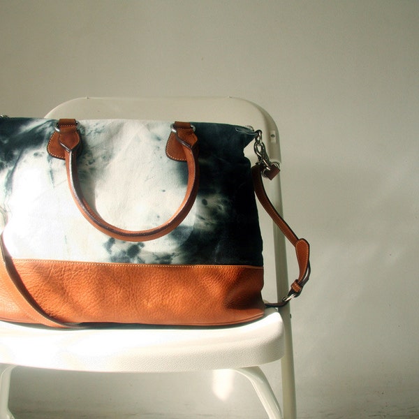 Hand Dyed Canvas Leather Bag in Black and White