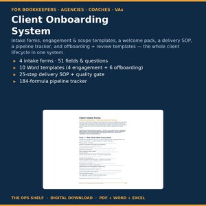 May include: A digital Client Onboarding System for bookkeepers, agencies, coaches, and VAs. Includes 4 intake forms with 51 fields, 10 Word templates, a 25-step delivery SOP with quality gate, and a 184-formula pipeline tracker in PDF, Word, and Excel.