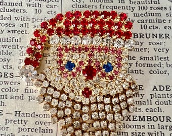 Christmas Santa pin,holiday pin,Santa claus,Christmas jewelry,rhinestone pin,antique jewelry