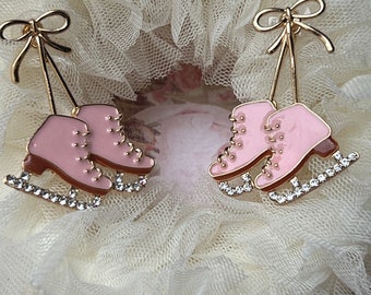 Ice skates, pink Christmas jewelry,coquette,ugly Christmas sweater jewelry,shabby chic style,pink jewelry,dress up,Christmas party