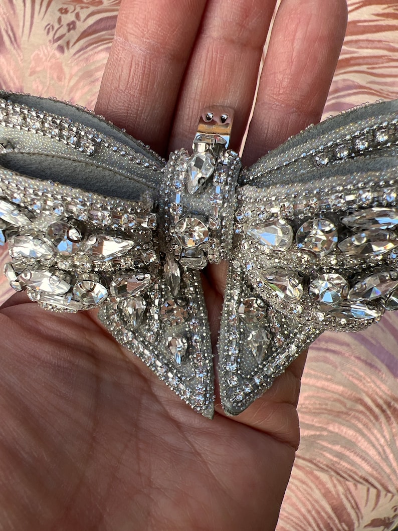 May include: A silver bow with a crystal embellishment. The bow has a silver clasp in the center.