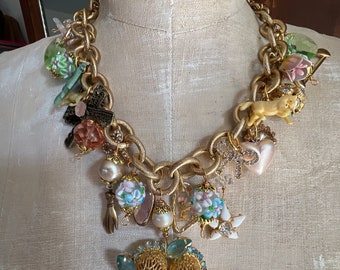 Sweetest handmade charm necklace by Ceci Hidalgo,assemblage,ooak,statement piece,upcycle,princess,Cinderella,bridal jewelry,gift for someone