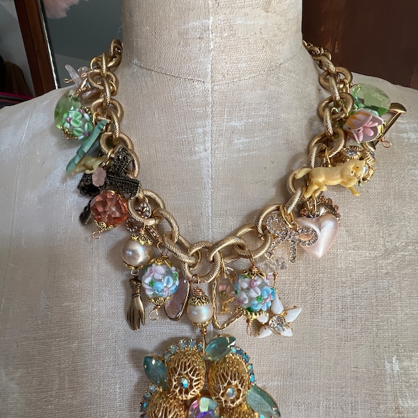 Sweetest handmade charm necklace by Ceci Hidalgo,assemblage,ooak,statement piece,upcycle,princess,Cinderella,bridal jewelry,gift for someone