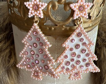 Pink Christmas tree earrings,pink jewelry,candy land,pink Christmas,holiday jewelry, gift for someone,shabby chic