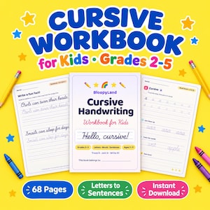 Cursive Handwriting Workbook for Kids, Printable Cursive Writing Practice Sheets, Cursive Alphabet Tracing, Grades 2-5 PDF