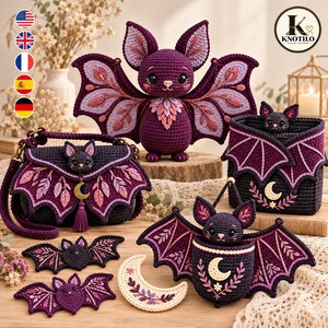 May include: A collection of purple and dark violet crochet items featuring bat motifs, including a plush bat, a shoulder bag, a storage basket, two flat bat appliques, and a crescent moon shape, all with intricate leaf and moon embroidery.