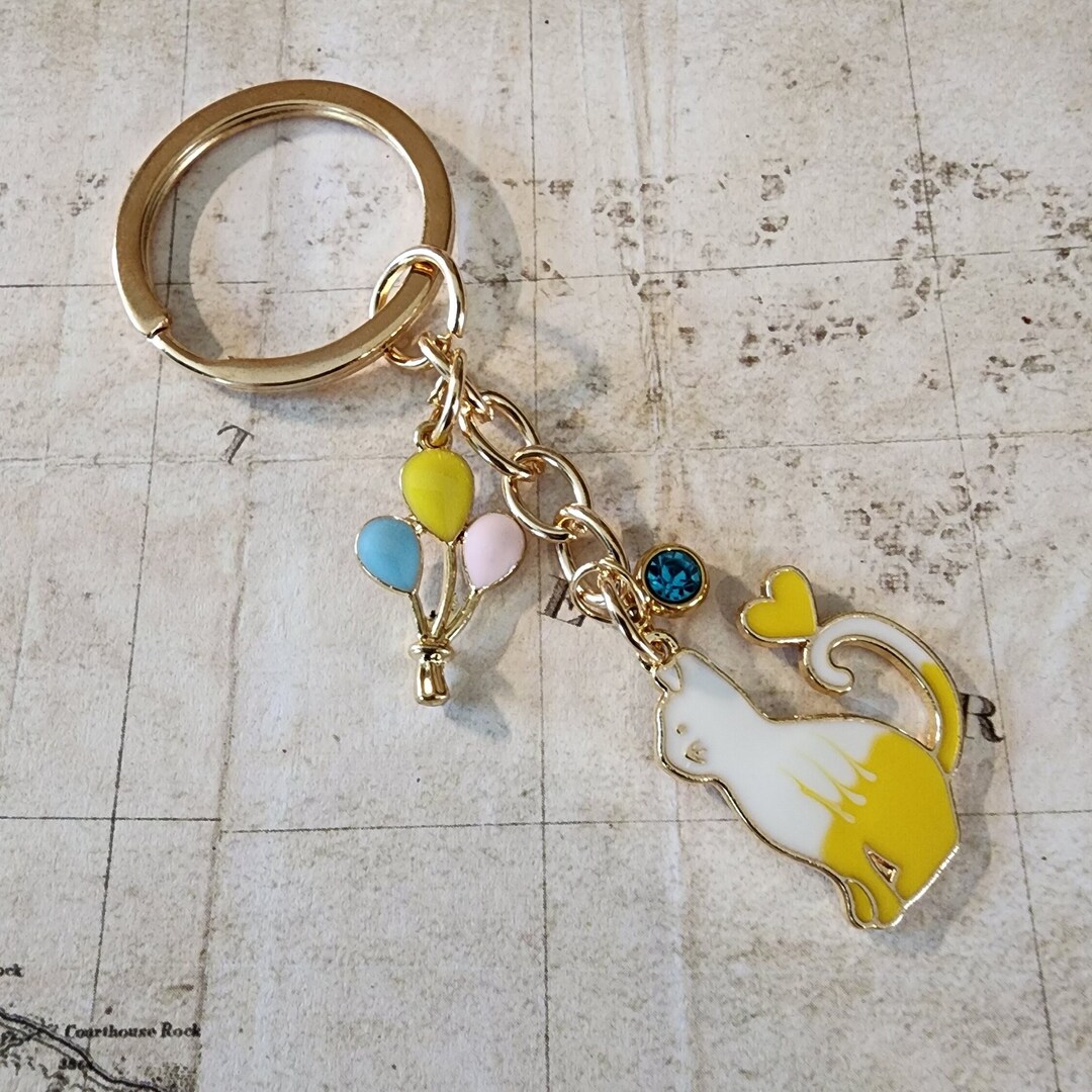 Catthemed Keychain Whimsical Cat With Balloons Keyring Cat Etsy