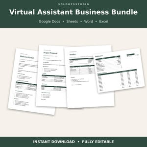 Paquete empresarial de asistente virtual, kit de incorporación de clientes, plantillas de presupuestos y facturas, herramienta de seguimiento empresarial, Google Docs y Sheets.