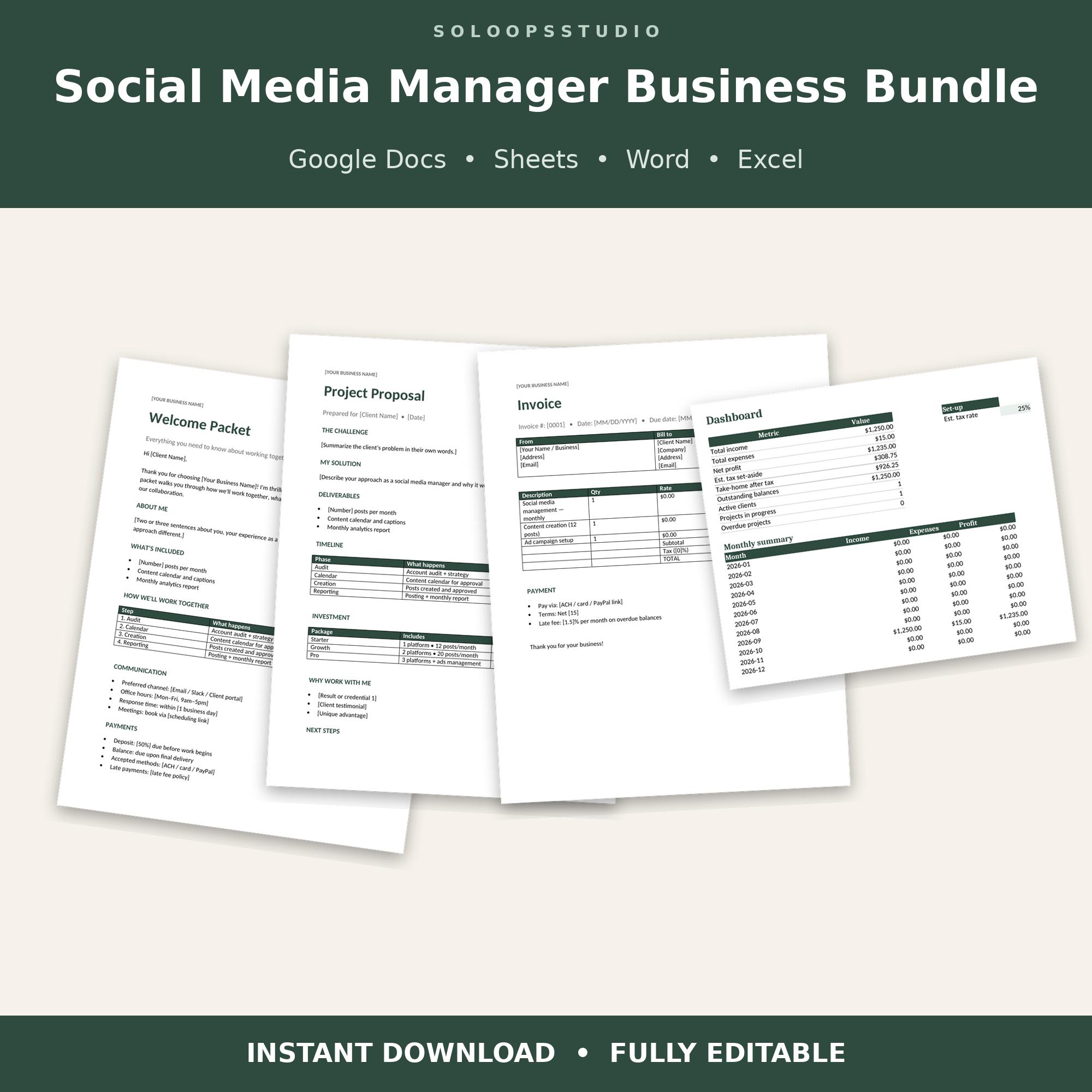 May include: A digital business bundle for social media managers featuring four white document templates with dark green text. The pages include a Welcome Packet, Project Proposal, Invoice, and Dashboard for Google Docs, Sheets, Word, and Excel.