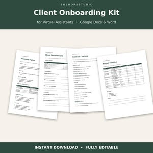 May include: A digital client onboarding kit for virtual assistants, featuring four white document pages with black text. The pages are titled Welcome Packet, Client Questionnaire, Contract Checklist, and Project Timeline, designed for Google Docs and Word.