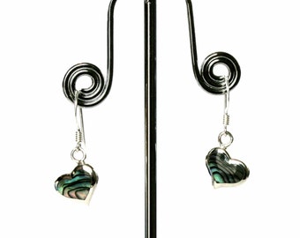 Beautiful Natural Green Paua Abalone Earrings in Sterling Silver Setting. Petite Abalone Heart Dangle Earrings