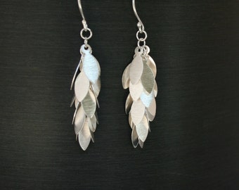 Handmade Sterling Silver Shimmer Drop Leaf Earrings, Modern Dangle earrings.