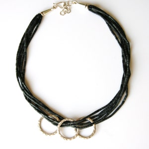 Simple Elegant Black Jade Multi Strands with Three Sterling Silver Hand Hammered Circle Pendants. &#39;Trio Circle Black Jade Necklace&#39;