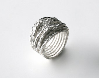 Handmade Solid Sterling Silver Overlapped Wire.  Linked Wrap Ring.