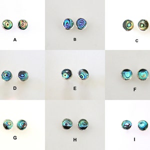 Beautiful Green (natural color) Paua Abalone Stud Earrings in Sterling Silver Setting. Petite Round Post Stud Earrings