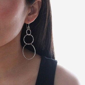 Long edgy silver earrings, surface is hammered and oxidized for an elegant modern look and comfortable style - Long Classic Circle Earrings